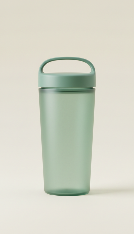 A Fresh Green eco-friendly water cup is perfectly centered against a light-colored, the image is straight-on with soft,...