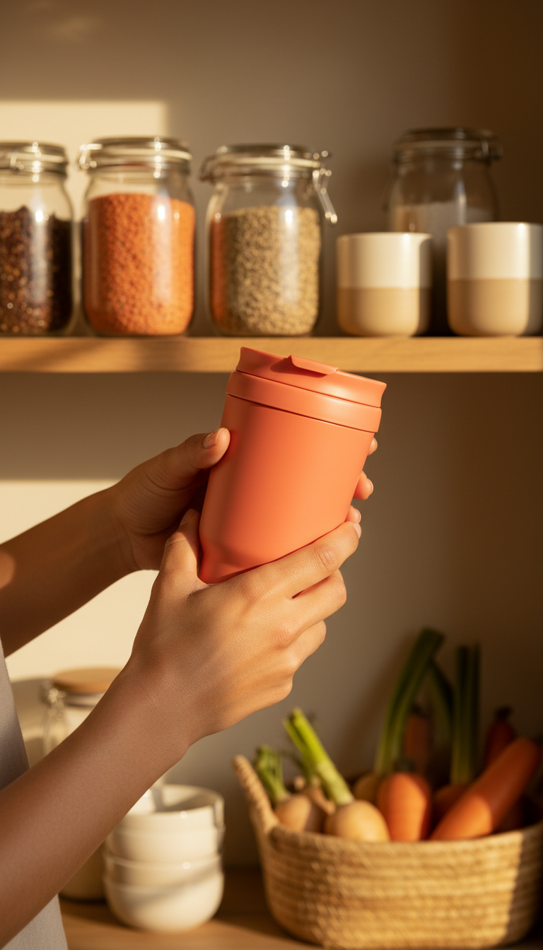 Insulated travel mug in coral pop in use