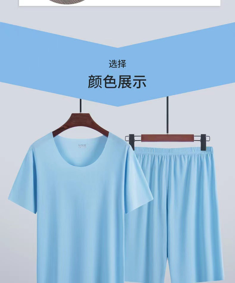 Ice Silk Pajamas Men's Summer Home Clothes Set Modal Seamless Crewneck Thin Short Sleeve Men's T-shirt Wholesale
