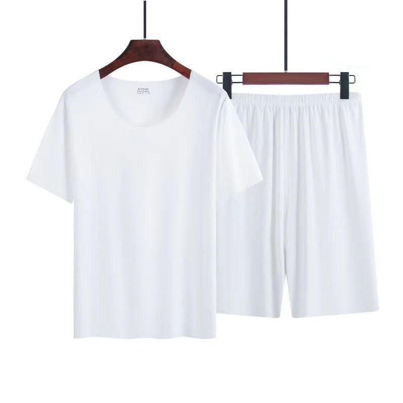 Ice Silk Pajamas Men's Summer Home Clothes Set Modal Seamless Crewneck Thin Short Sleeve Men's T-shirt Wholesale