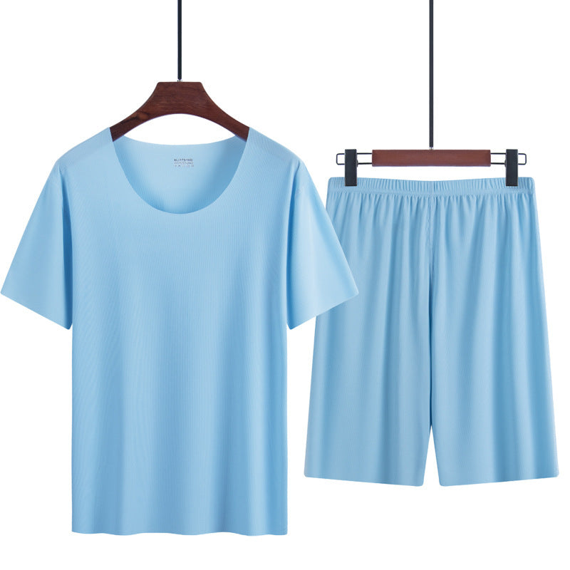 Ice Silk Pajamas Men's Summer Home Clothes Set Modal Seamless Crewneck Thin Short Sleeve Men's T-shirt Wholesale