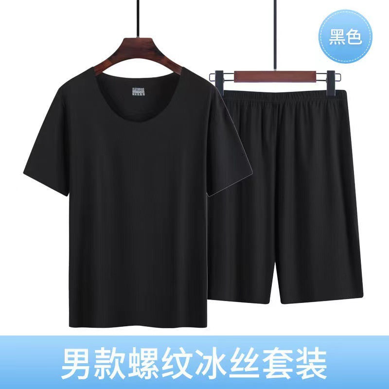Ice Silk Pajamas Men's Summer Home Clothes Set Modal Seamless Crewneck Thin Short Sleeve Men's T-shirt Wholesale