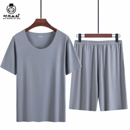 Ice Silk Pajamas Men's Summer Home Clothes Set Modal Seamless Crewneck Thin Short Sleeve Men's T-shirt Wholesale
