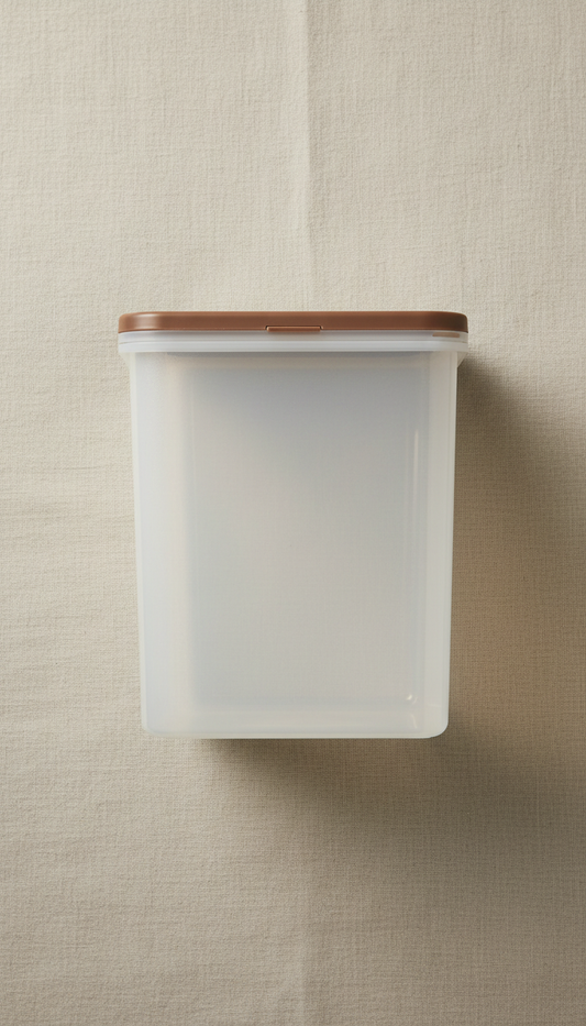 PackWise Medium Stackable Container, Default angle: 3/4 view at table height to hero the container’s form and materiality...