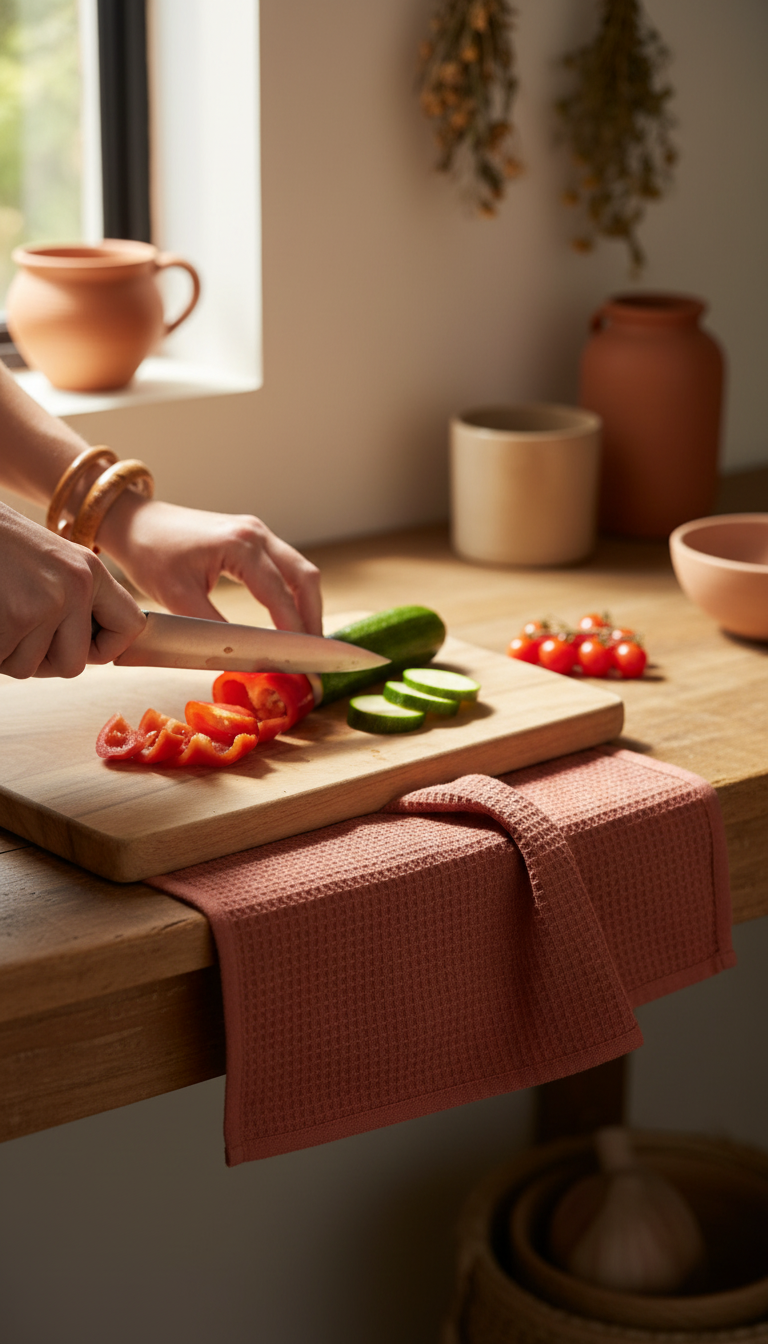 Cotton Kitchen Towel in Tomato Red in use