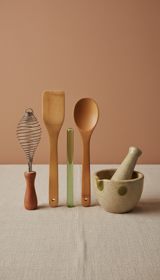 Mixing tools set, Use a 3/4 angle to capture the full kit and its components effectively. Position them on a textured...
